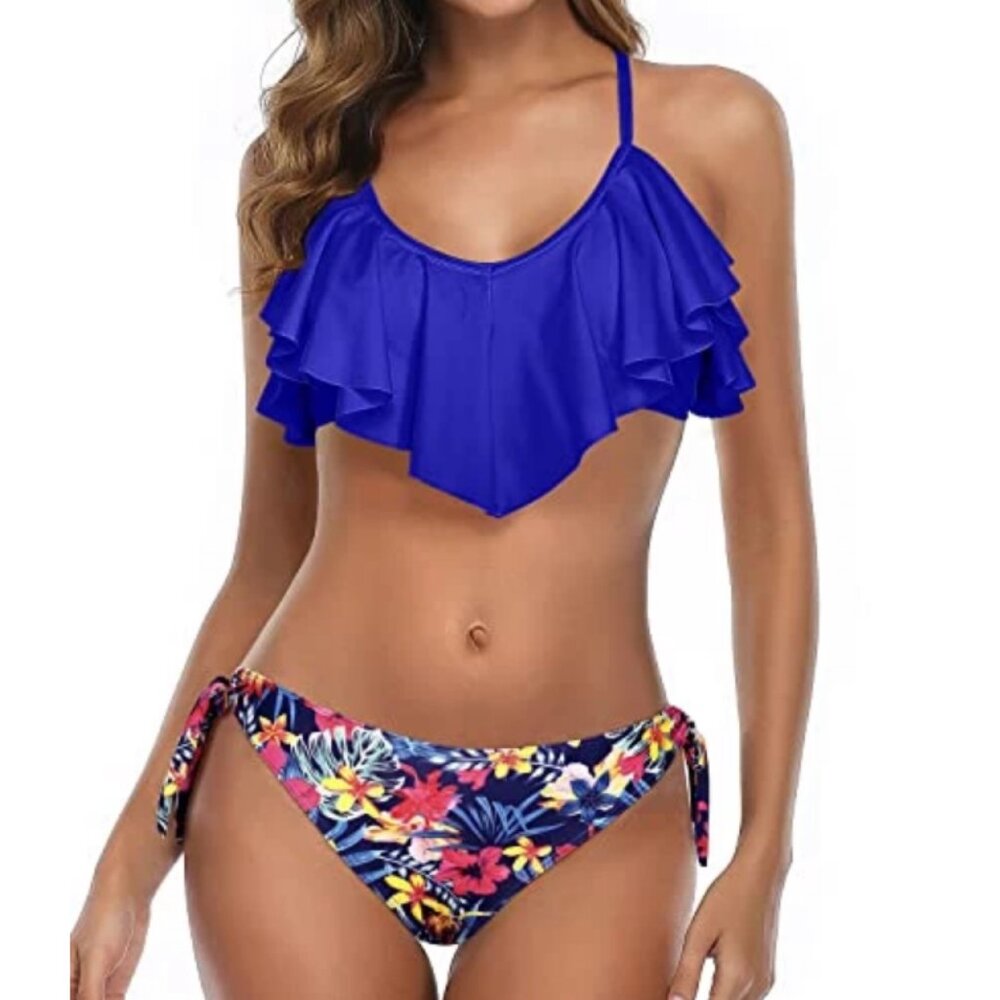 High Cut Side Tie Bottom Two Piece Flounce Bikini-Royal Blue Floral